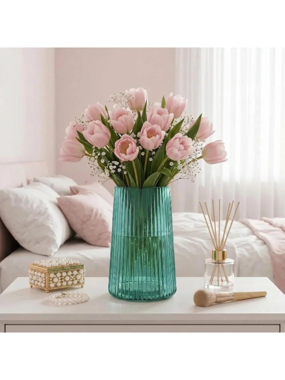 8 Inches Modern Green Glass Vase Flower Bouquet Living Room Bedroom Home Deco